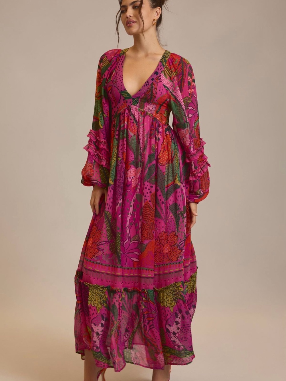 FARM Rio Long-Sleeve V-Neck Dress in Cool Leopards Pink